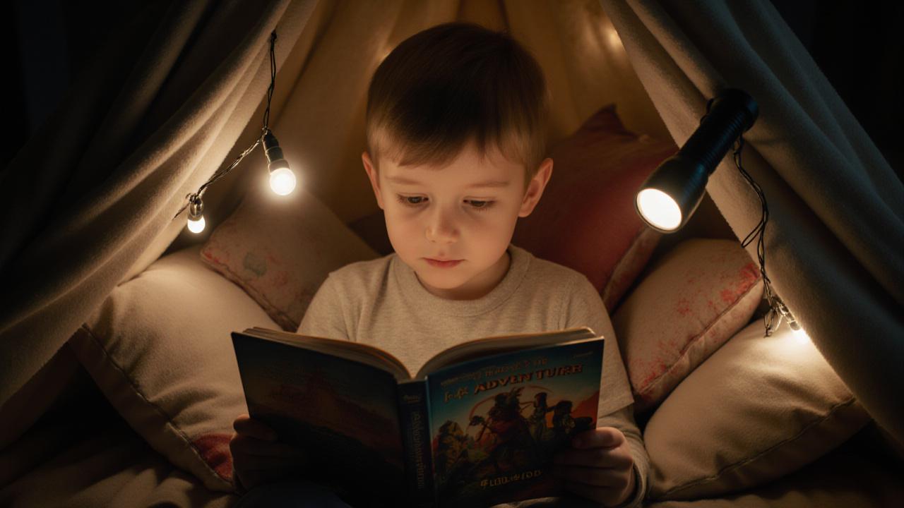 Child reading an adventure book under a blanket fort with a flashlight