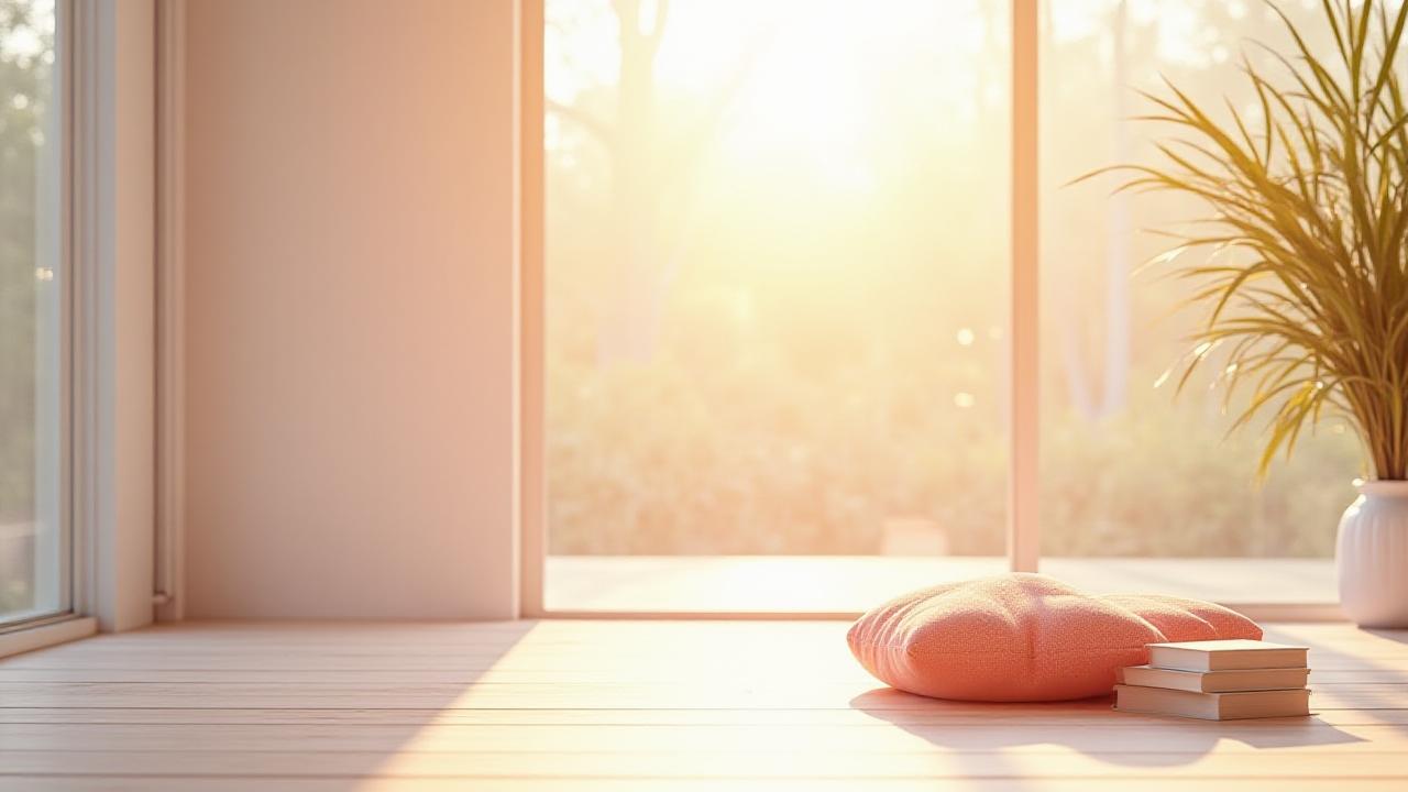 Serene meditation space with sunlight filtering through windows
