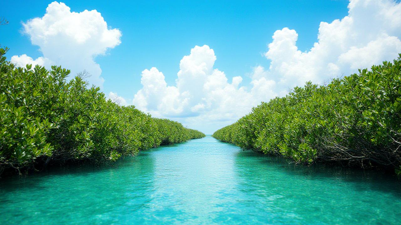 Lush Florida coastal mangroves and clear blue waters representing Miami's fragile ecosystem
